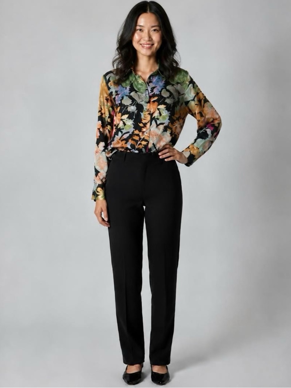 Zara Black Floral Button-Down Satin Shirt with Multicolor Botanical Print